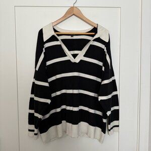 Torrid Sweater Sz 3X Black White Striped Knit Collared V Neck Preppy Office